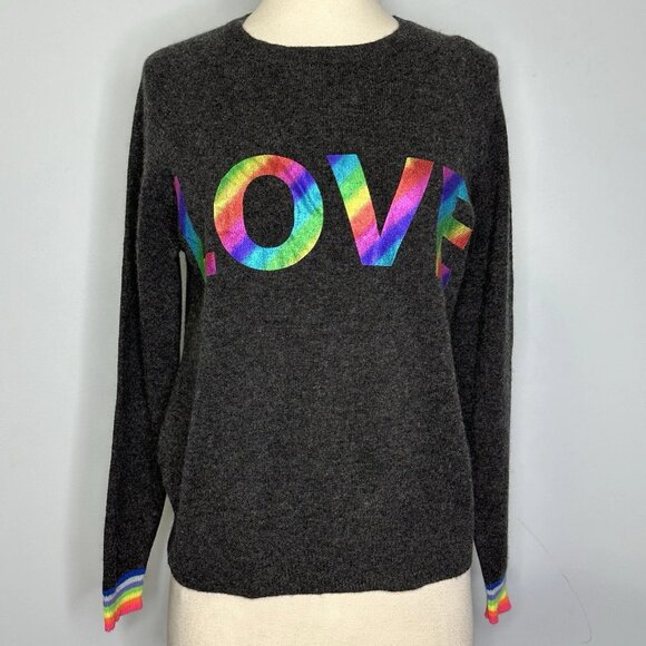 NEW Brodie Fine Cashmere Charcoal Gray Love Rainbow Foil Pullover Sweater Size M - Picture 2 of 7